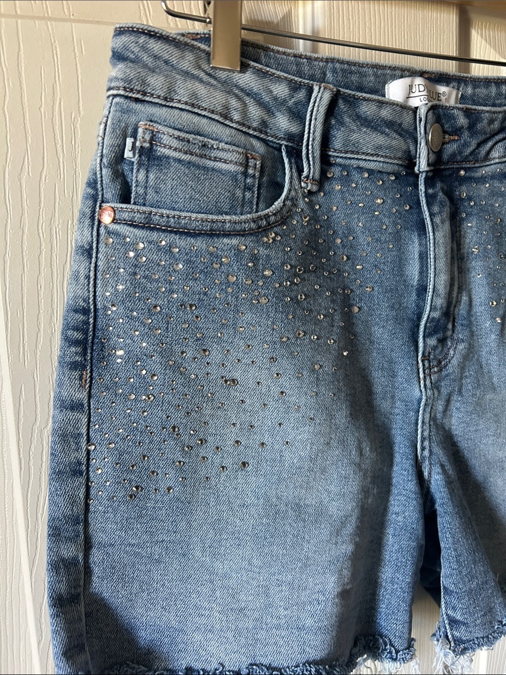 Judy Blue Rhinestone Elle Jean Shorts‎ Sz Large High Rise Cutoff Distressed - Picture 5 of 14